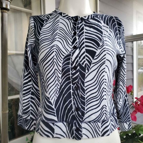 Rafaella Petite 100% Cotton Leaf Pattern Crop Cardigan Black&White Size Small - Picture 7 of 9